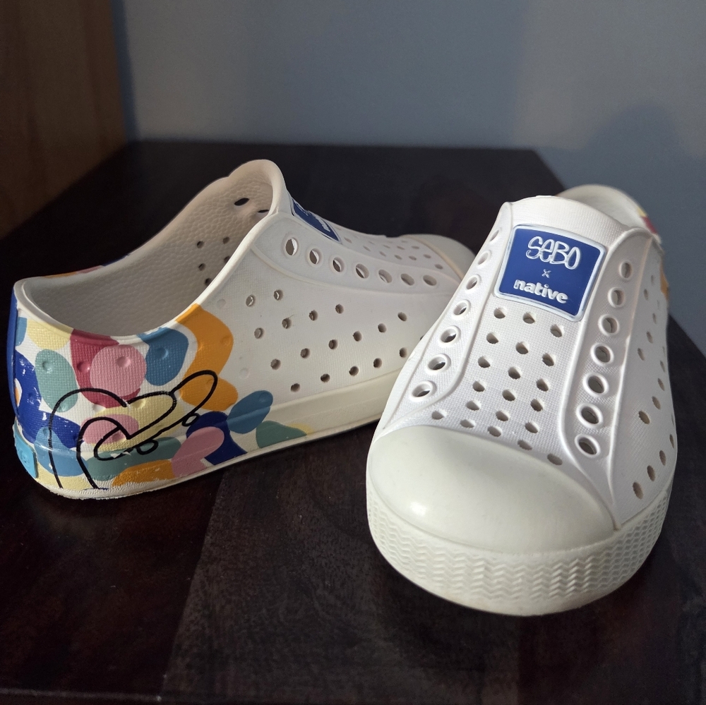 Native Kids Shoes - White with Multicolor Accents. Limited Edition